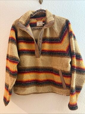 Faherty Tan Sherpa Zip-Up with Red-Orange-Yellow Stripes